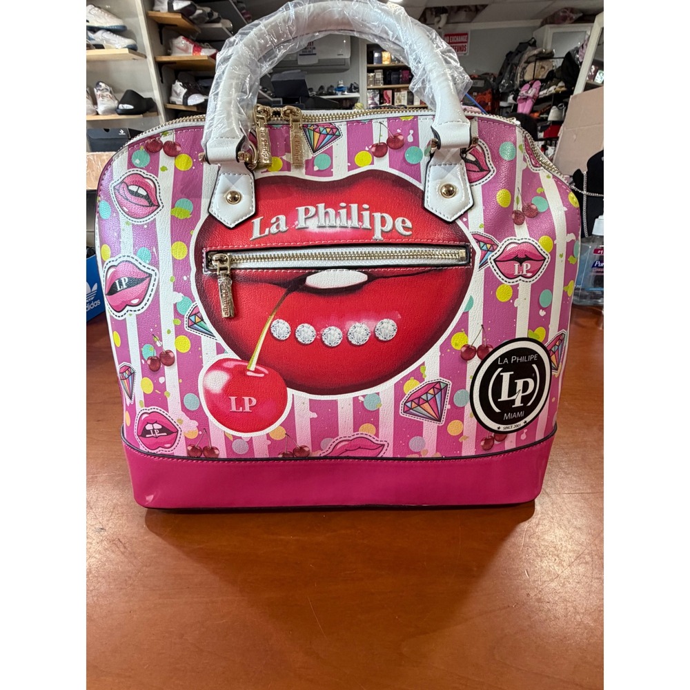 La Philipe Miami Pink Lip Cherry Pop Art Satchel Handbag Rhinestone Accents NEW